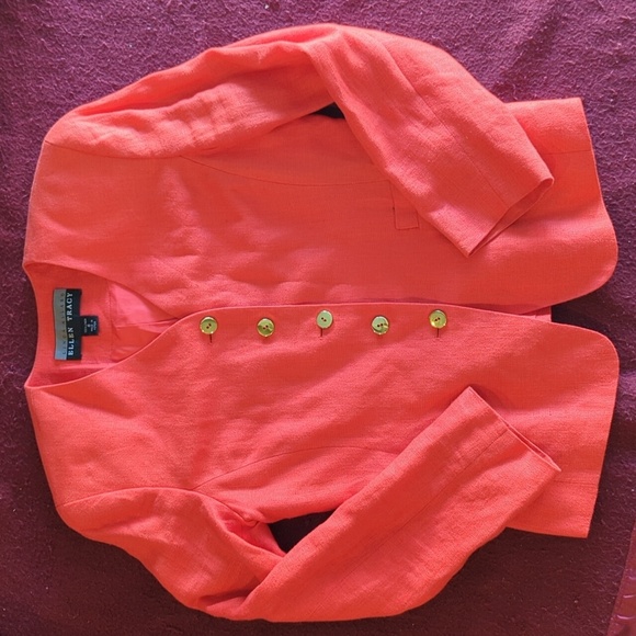Linda Allard Ellen Tracy Red Linen 5 Button Suit Jacket Blazer 8 - Picture 2 of 5
